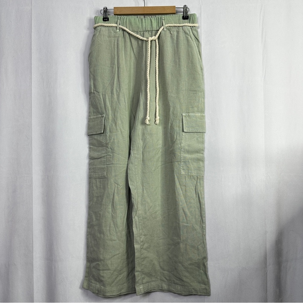 Jane+Delancey Cargo Linen Pants Wide Leg Womens Green Beach Breathable Medium